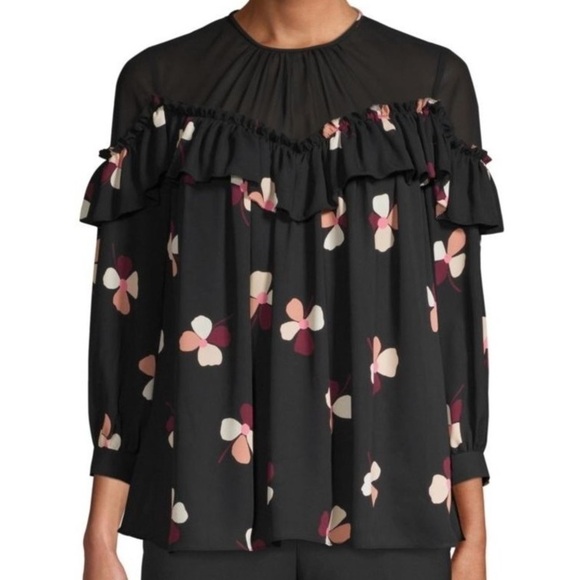 KATE SPADE Black Floral Glitzy Ritzy Dusk Buds Ruffle Top Size Small $228 New - Picture 5 of 5